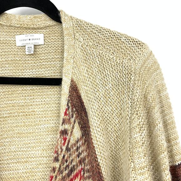 Lucky Brand Women's Size Medium Waterfall Front Cardigan Sweater Beige Red Print - Picture 3 of 6